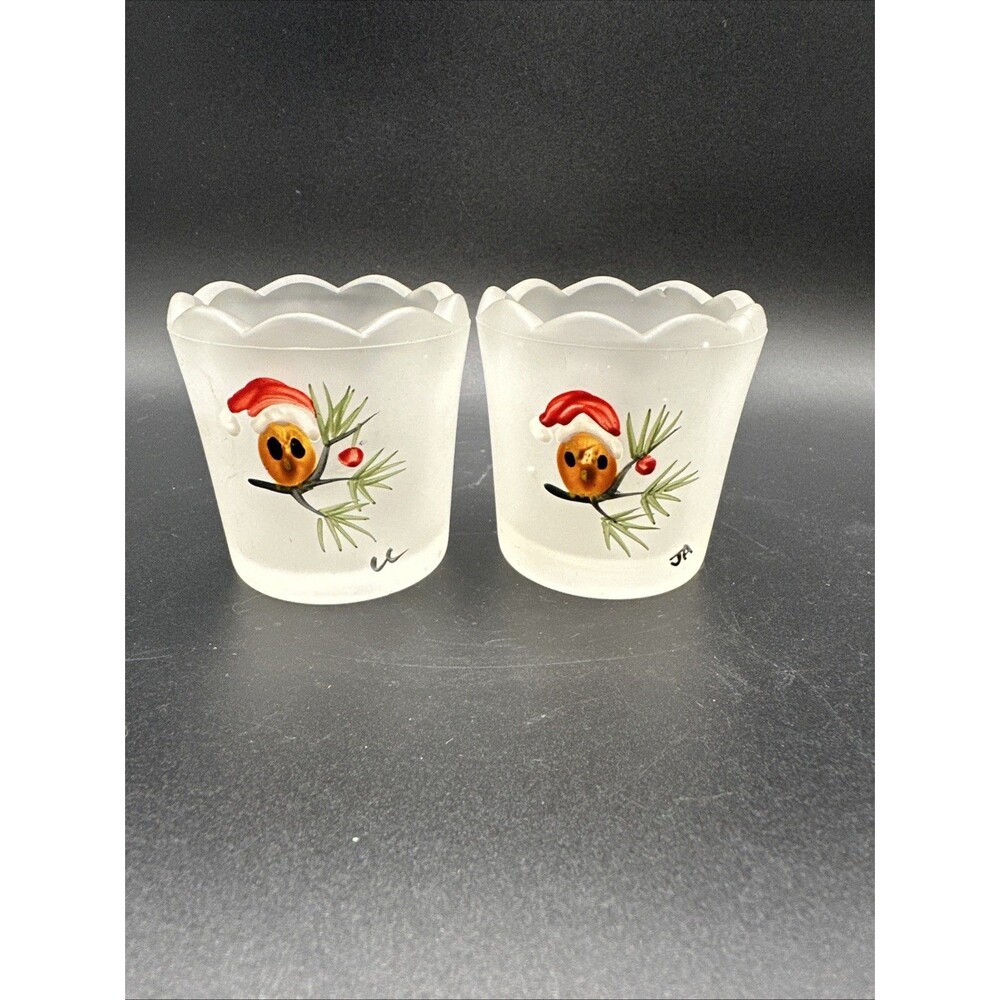 Vintage Hand painted Christmas Owl Votive Candle Satin Glass Holder Signed (2)